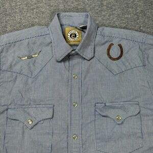 Rafter C Shirt Mens M Blue White Checkered Pearl Snap‎ Embroidered Western EUC